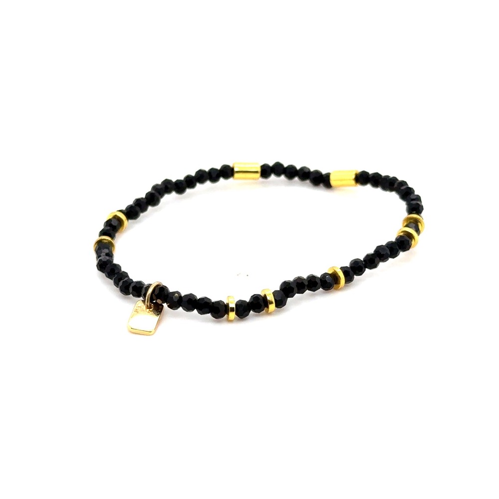 Pura Vida Black Faceted Bead Stretch Bracelet Gold Tone Accents Logo Charm